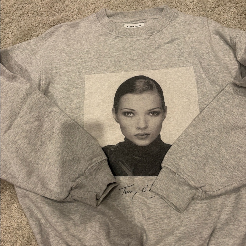 Anine Bing Gray Crewneck Sweatshirt with Portrait Graphic